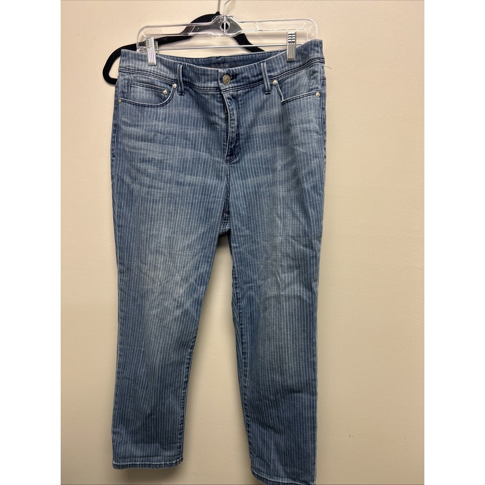 Chicos pull on jegging pants womens 1.5 blue striped denim 30" Inseam